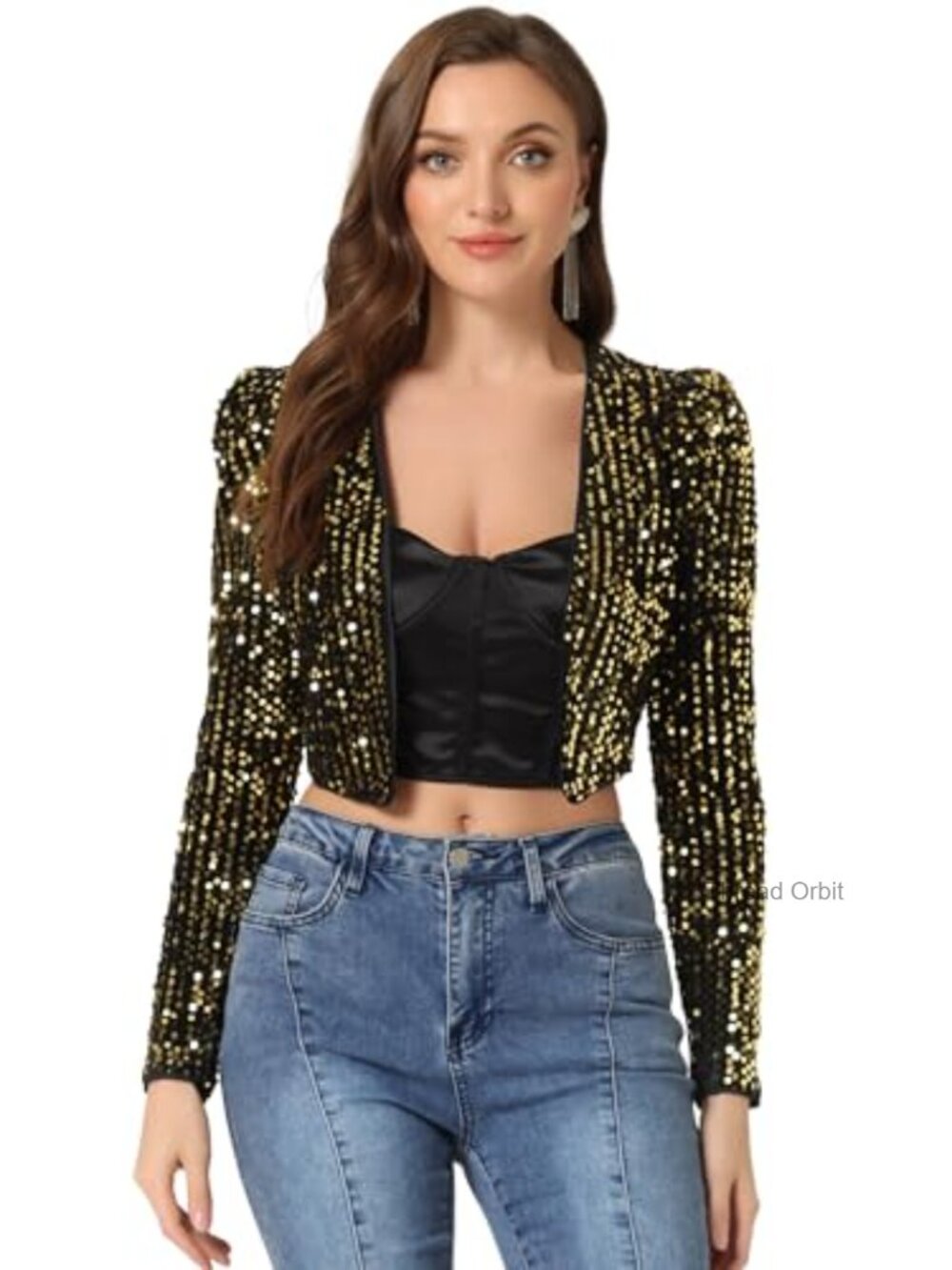 Sequin Cropped Bolero Jacket Puff Shoulder Open Front Party Cardigan
